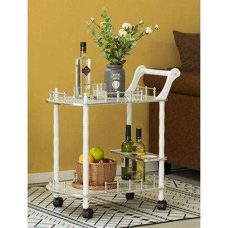 Fabulaxe Wood Serving Bar Cart Tea Trolley with 2 Tier Shelves and Rolling Wheels, Silver, White and Gray QI003776.GY